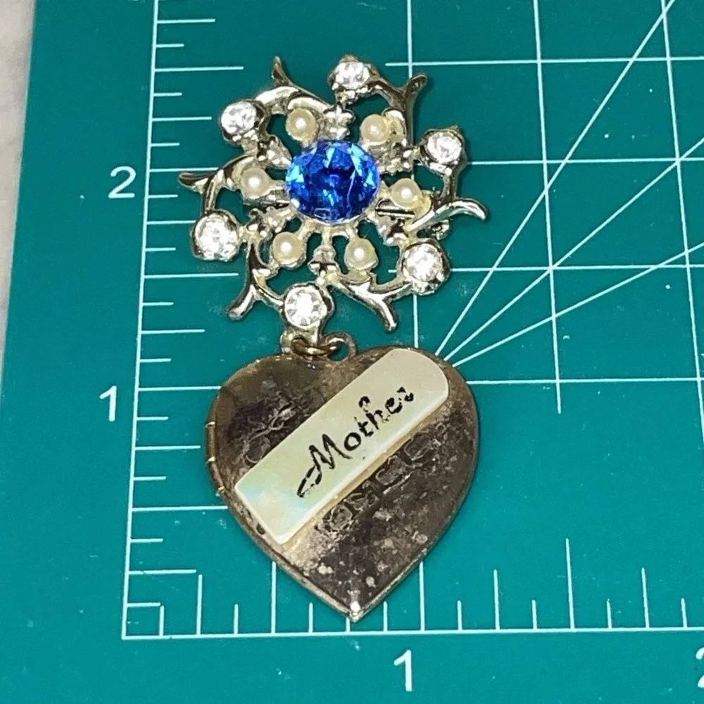 ESTATE Find Vintage Military WWII Brooch | Mother Locket | Blue Clear Rhinestone